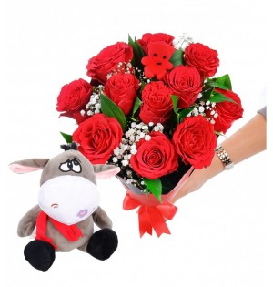PELUŞ EŞEKLİ KIRMIZI GÜLLERDEN BUKET 11'Lİ